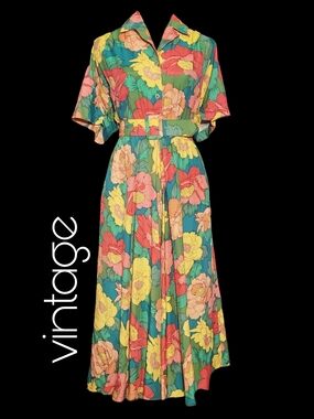 Vintage 1980s Carol Anderson Sunflower Floral Midi Dress W/ Belt